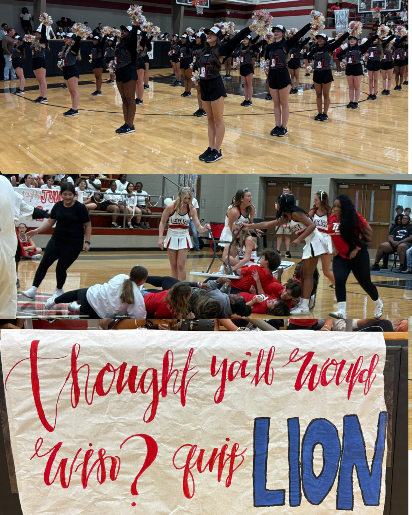 Tyler Legacy high school pep rally featuring cheerleaders, drill team, and band