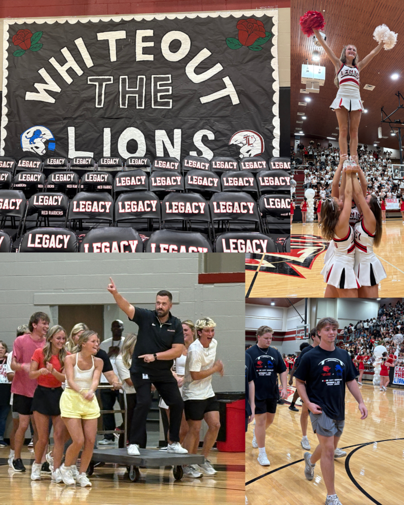 Tyler Legacy high school pep rally featuring cheerleaders, drill team, and band