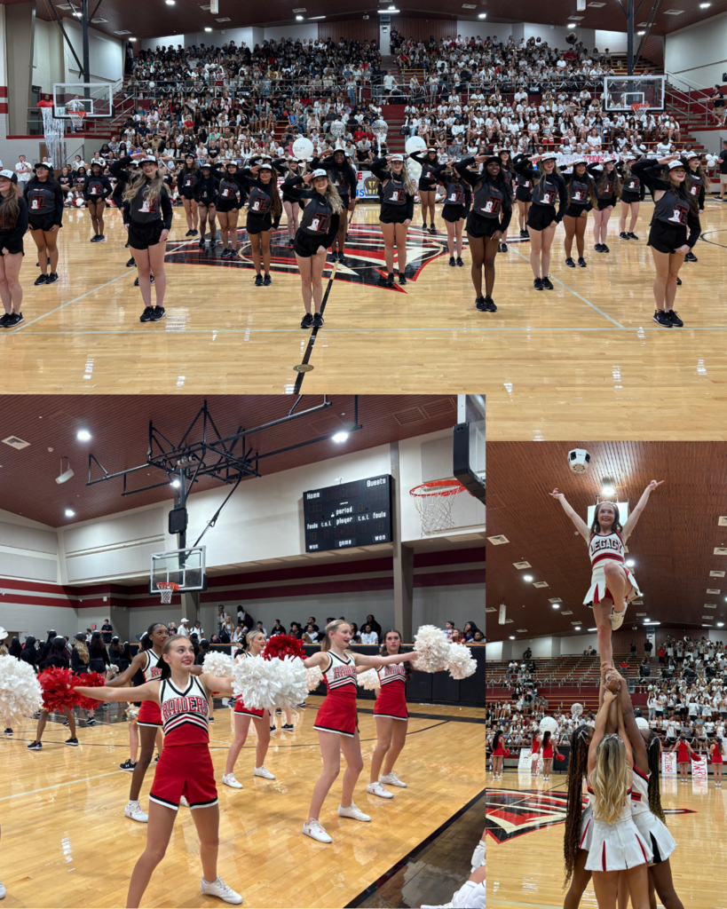 Tyler Legacy high school pep rally featuring cheerleaders, drill team, and band