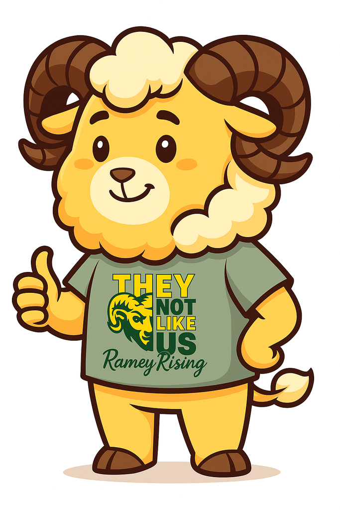 Ram wearing a green shirt that says They not Like Us Ramey Rising