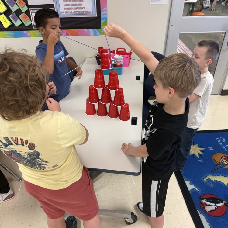 students working together to complete a cup stacking team building challenge 