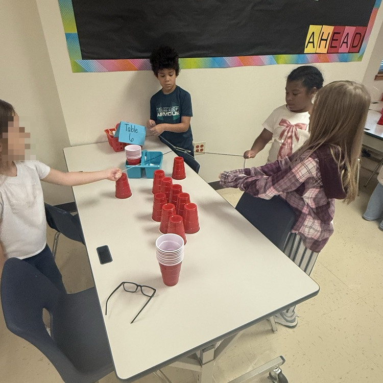 students working together to complete a cup stacking team building challenge 