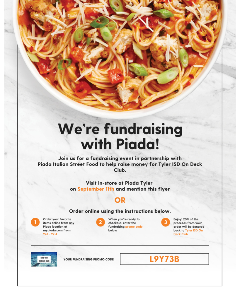  Supporters can order online or on the app using the promo code listed on the flyer at ANY Piada location during the week of 9/8-9/14, or they can show the flyer in-store at our local Piada all day on September 11.