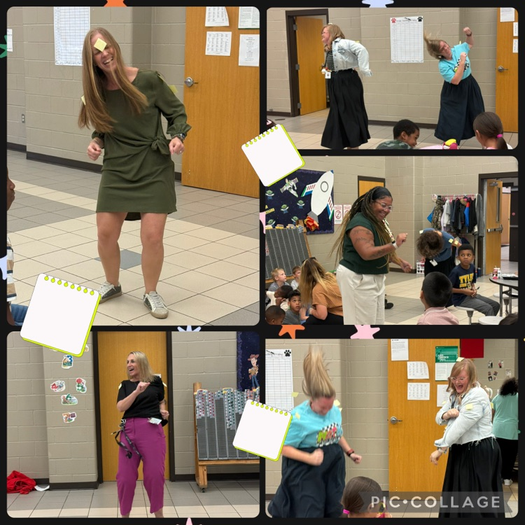 teachers dancing, and shaking to shake off six sticky note stuck to their body