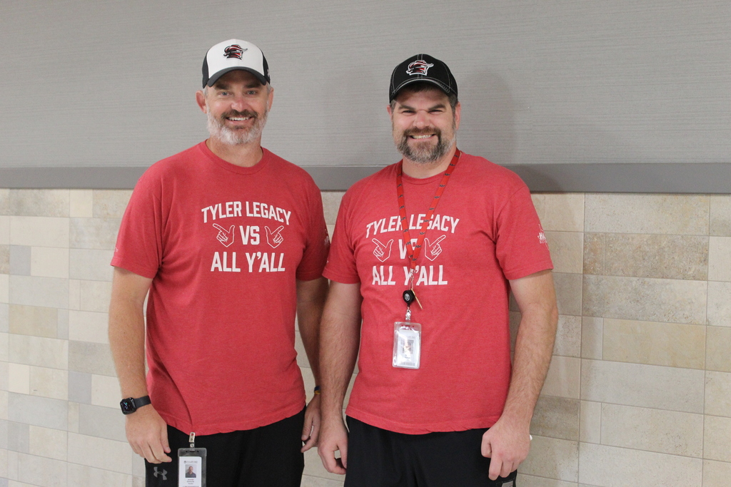 Tyler Legacy staff and students matching for twin day for HoCo spirit week