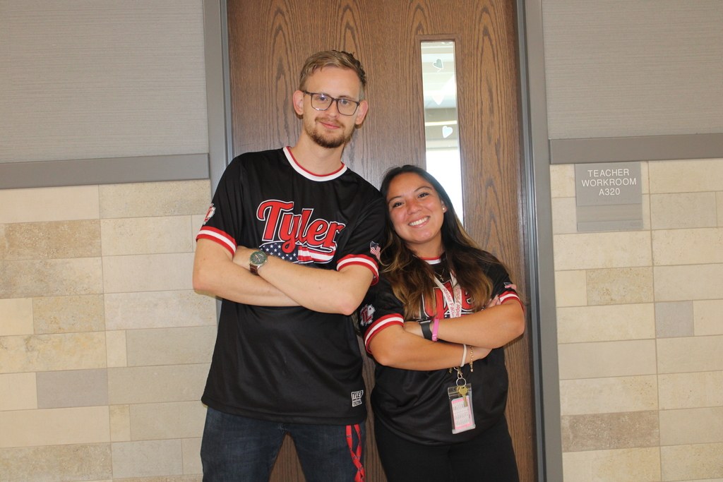 Tyler Legacy staff and students matching for twin day for HoCo spirit week