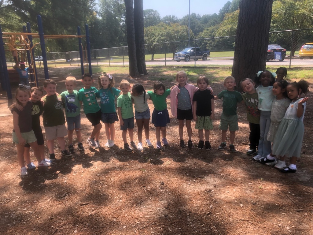 Students wearing green at recess. 