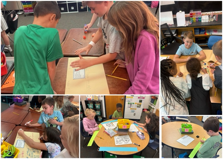 Students working together in groups doing math word problems and creating compound sentences on word strips