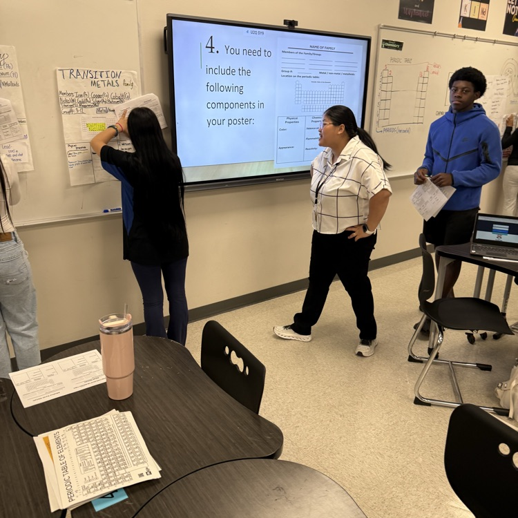 students looking at poster
