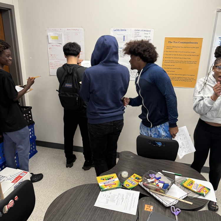 students looking at poster