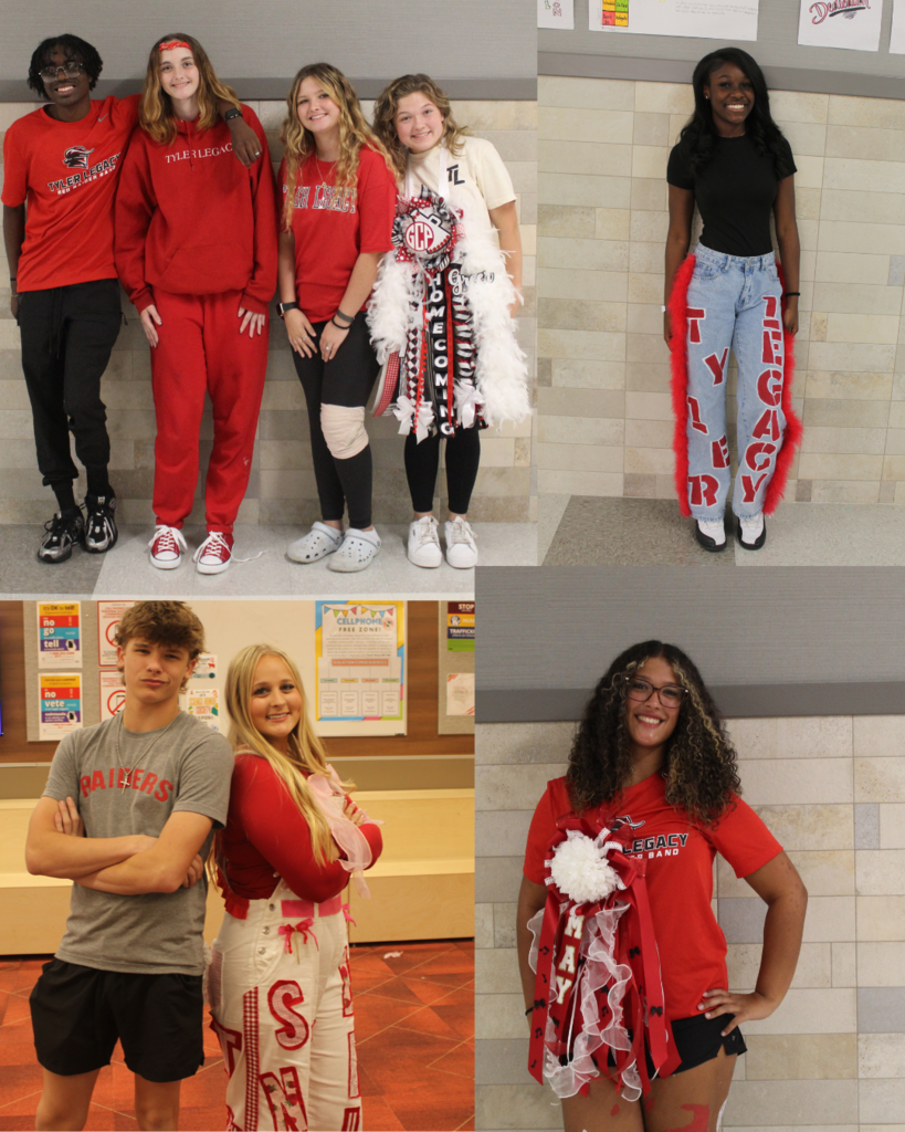 Tyler Legacy students in their Homecoming jeans, mums, and red