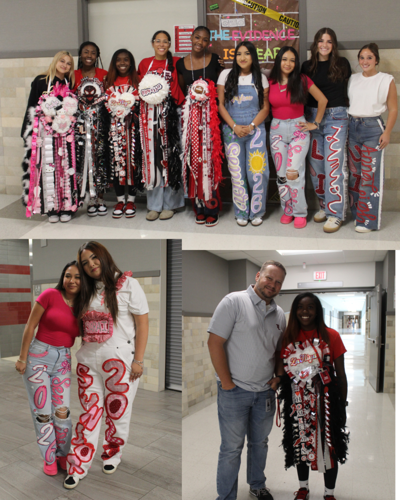 Tyler Legacy students in their Homecoming jeans, mums, and red