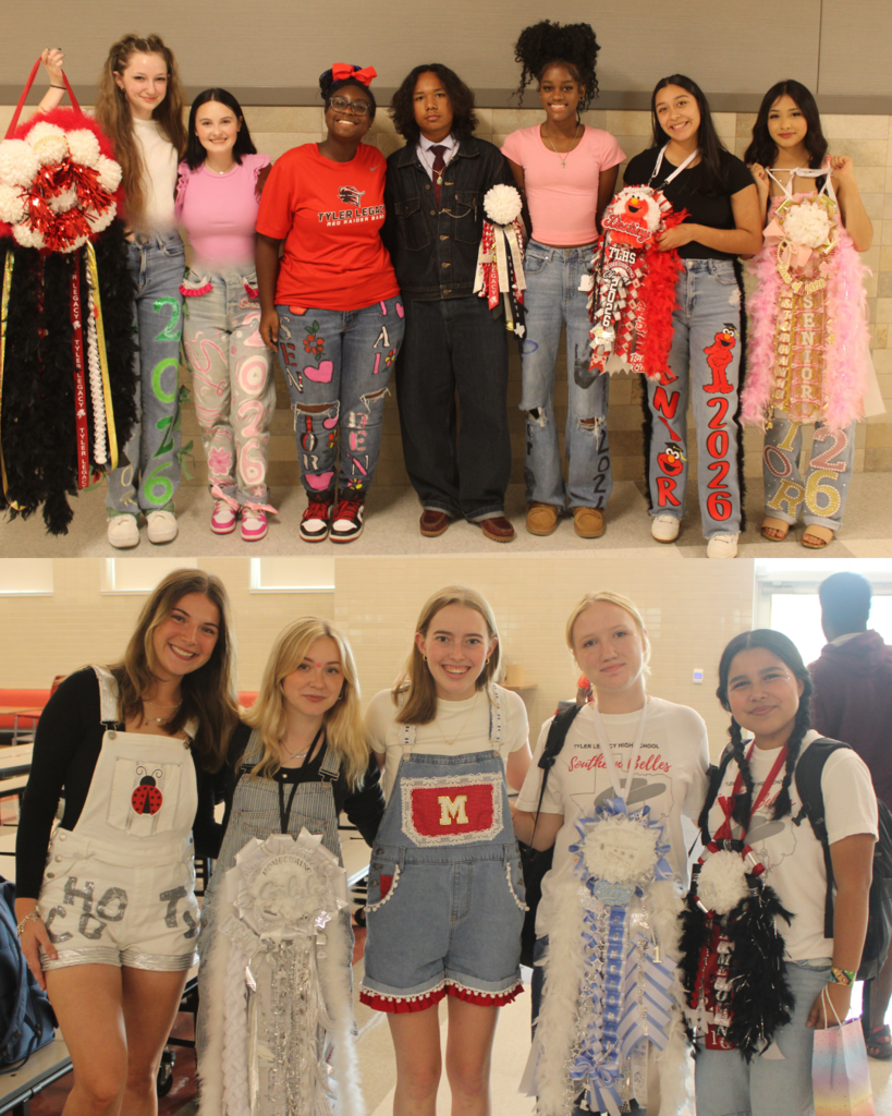Tyler Legacy students in their Homecoming jeans, mums, and red