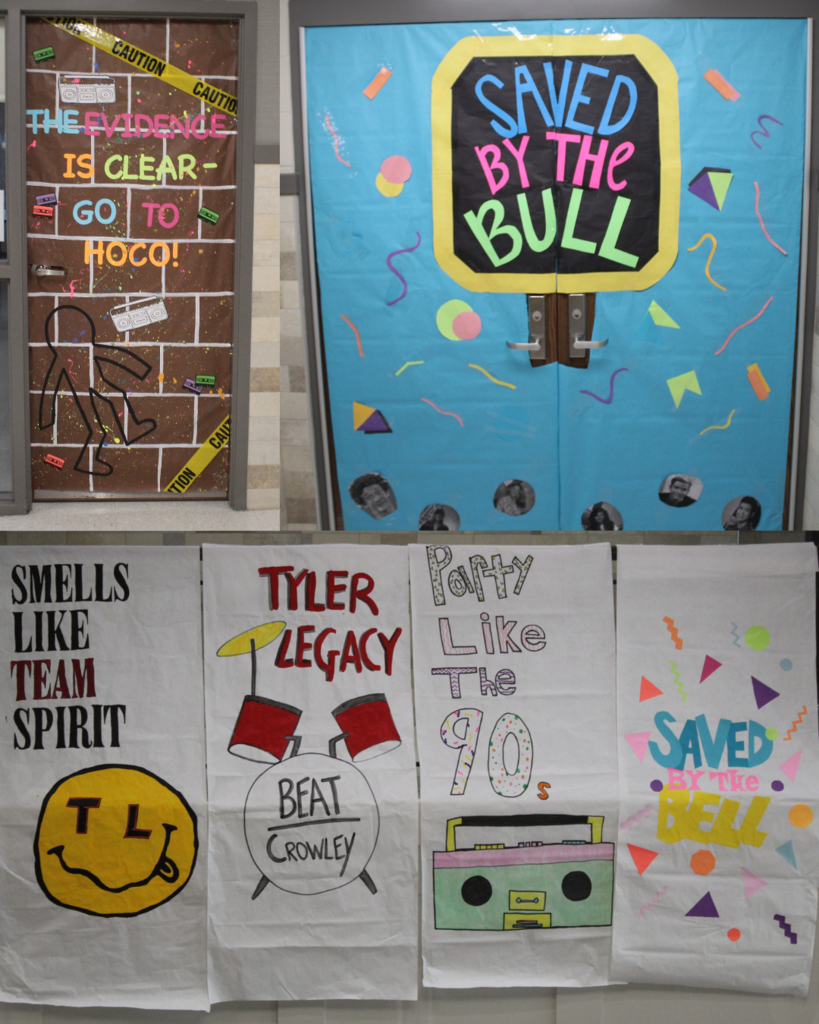 Tyler Legacy classroom doors decorated for Retro 90s HoCo week