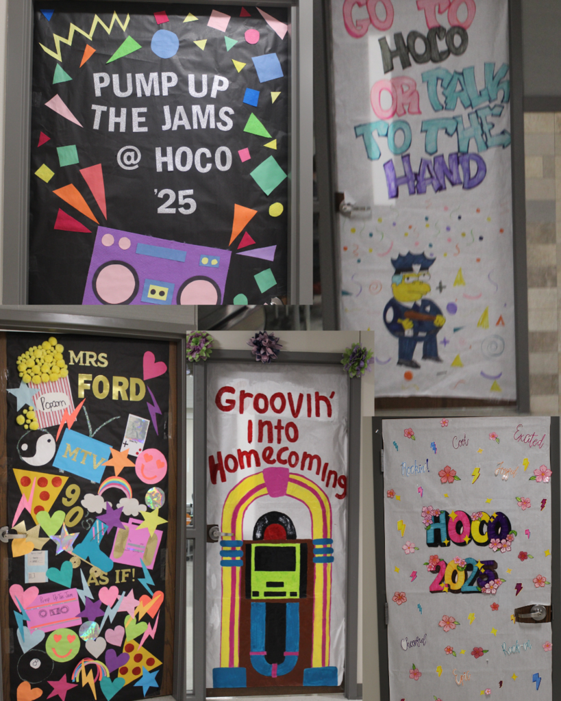 Tyler Legacy classroom doors decorated for Retro 90s HoCo week
