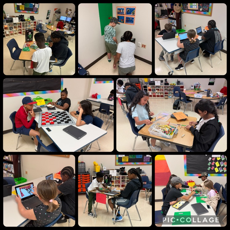 students working in stem stations, such as Legos, critical, thinking, games, art, engineering, and coding