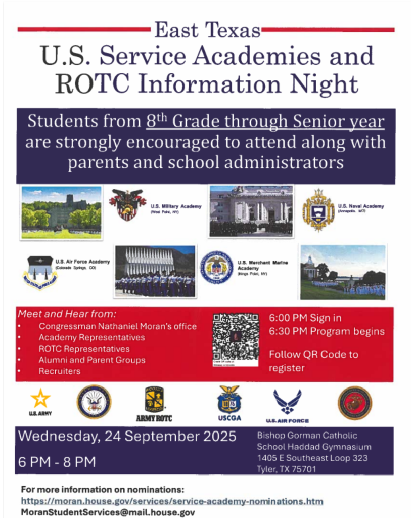 East Texas US Service Academies and ROTC Info Night: Wed, Sept 24 6-8pm, Bishop Gorman Catholic School Haddard Gymnasium