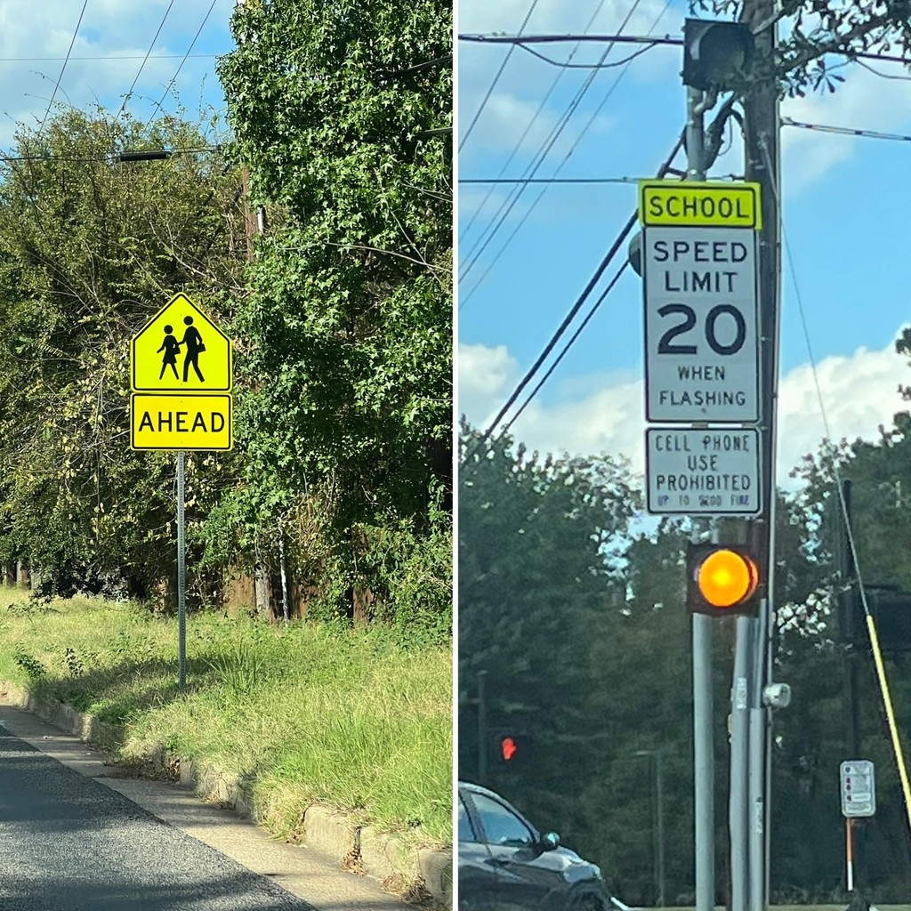 Shape pictures, signs and school speed limit signs.