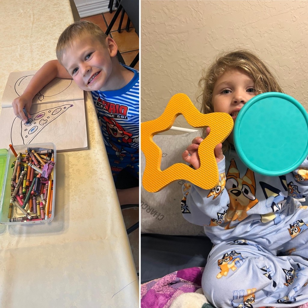Students coloring or holding shapes.