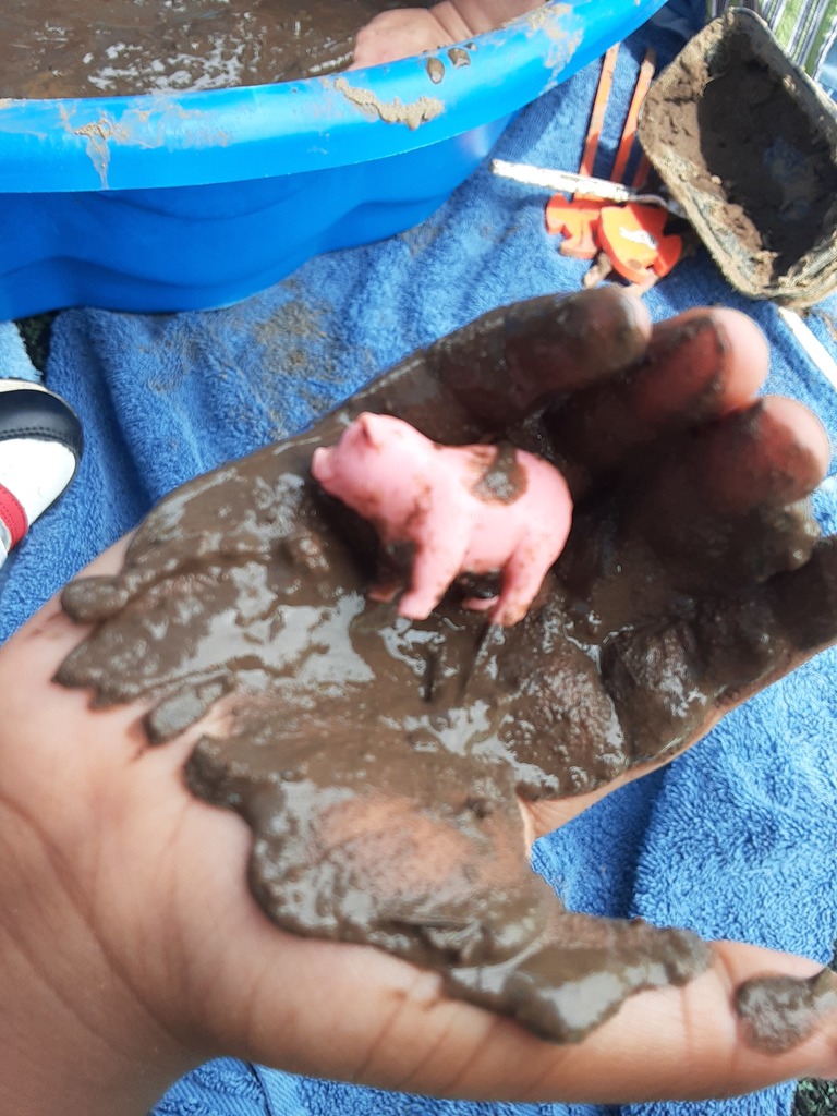 Child holding a plastic pig with muddy hands
