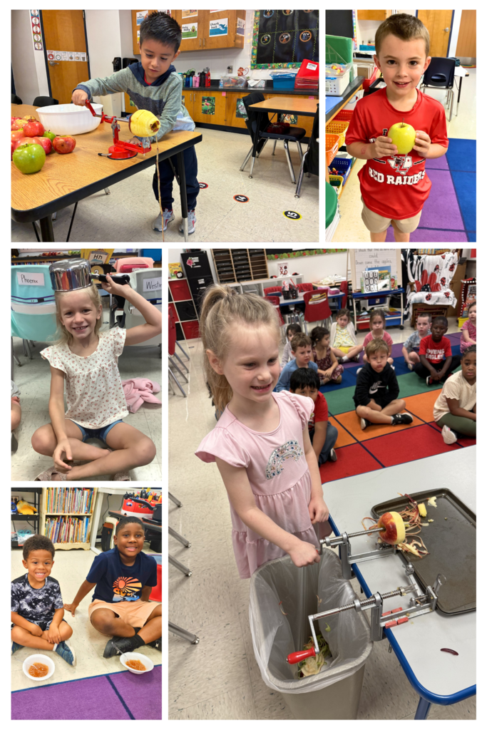A collage of Kinder students doing apple activities. Students making applesauce.