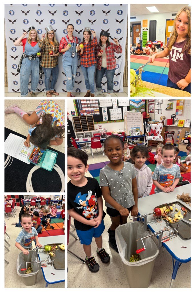 A collage of Kinder students doing apple activities. Students making applesauce.
