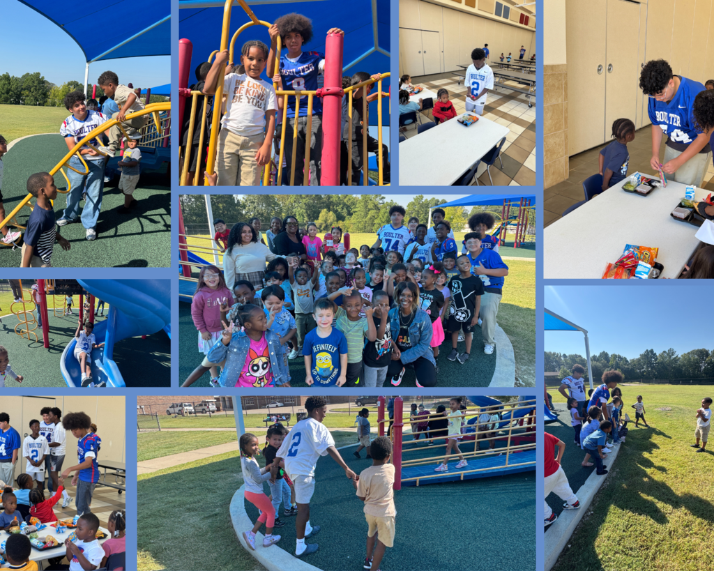 Boulter Football players playing on the playground with Jones elementary. 