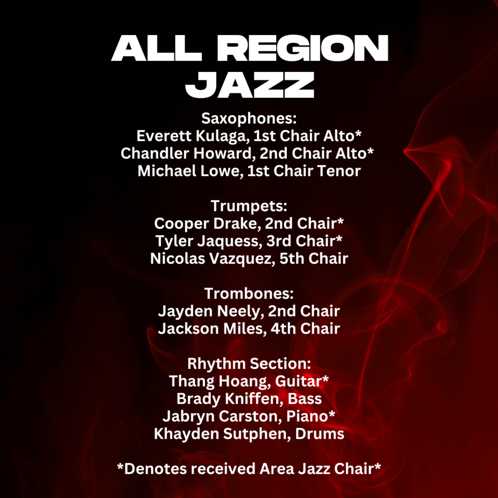 On Wednesday night, our Jazz students competed in the Region 21 Jazz Contest and earned 12 of the 19 seats in the Band. These students have worked hard over the last few months to prepare for this audition, and we are proud of their success!