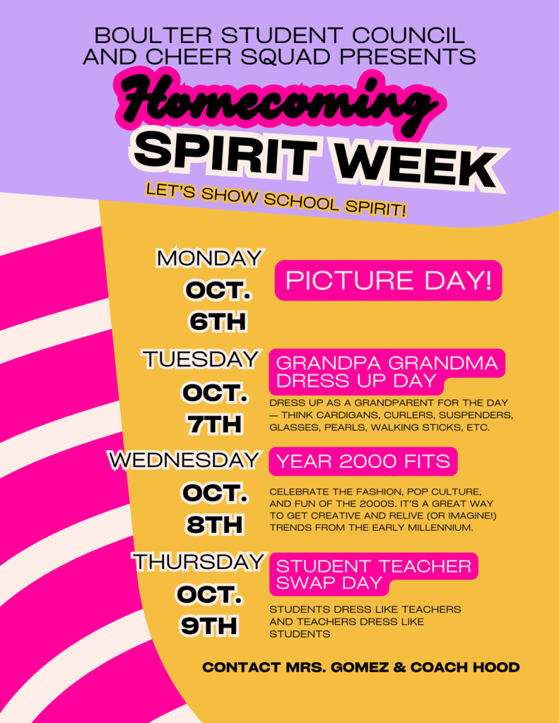 Home coming spirit week, Monday is picture day, Tuesday is dress like your grandparent day, Wednesday is 2000s day, Thursday is student /teacer swap day 
