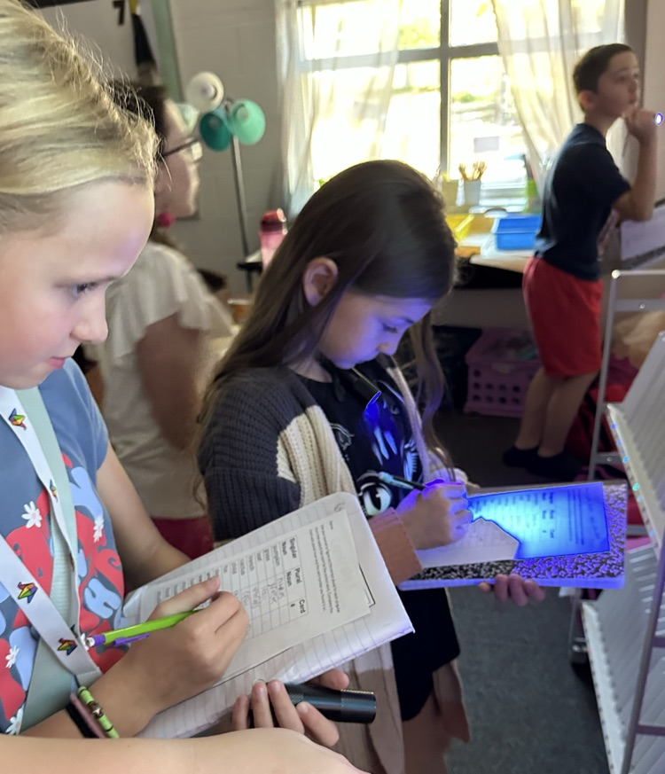 two girls using a black light flashlight