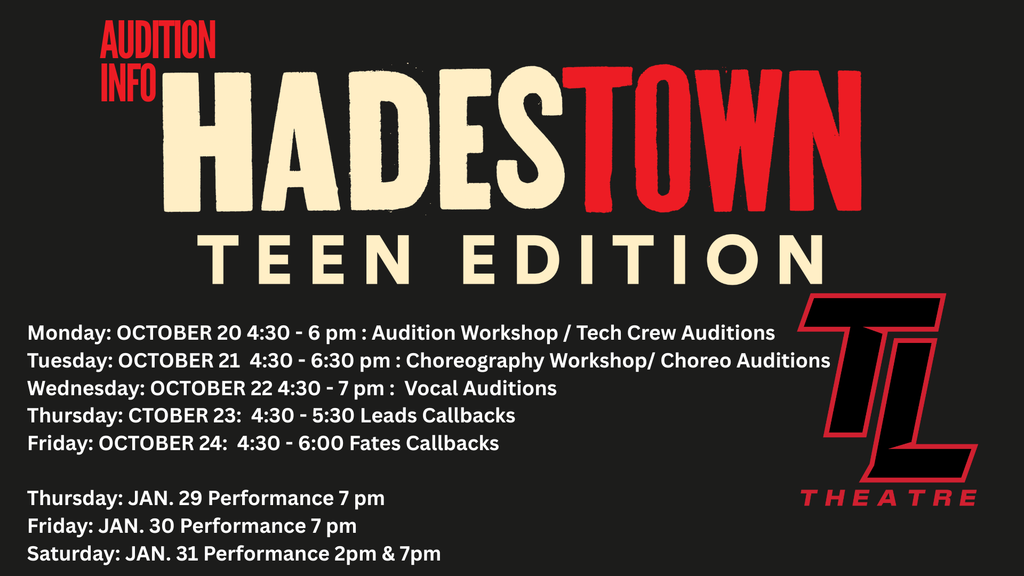 🎶 Time to head way down to Hadestown! 🎤 Step into the world of Hadestown — our 2025 musical! 📅 Auditions for CAST/CREW: Week of Oct. 20–24 🏆 Be part of our award-winning theatre program, recognized by Broadway Dallas and the Jimmy Awards. 👉 See the Tomlinsons for more info! Audition Info here: https://www.canva.com/design/DAG0kyzhvXo/eSAcoJGC_sJifO9sIO5uSg/view?utm_content=DAG0kyzhvXo&utm_campaign=designshare&utm_medium=link2&utm_source=uniquelinks&utlId=hf8aec99d77