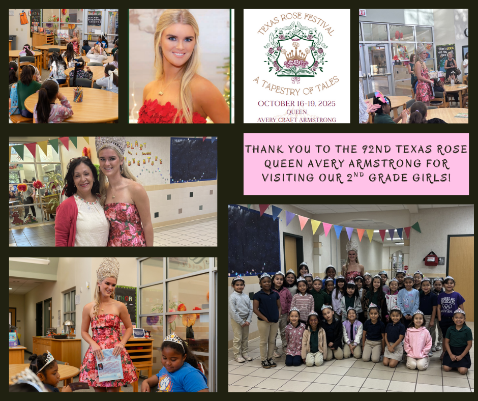 The 92nd Texas Rose Queen Avery Armstrong visted our 2nd grade girls today at Douglas Elementary!