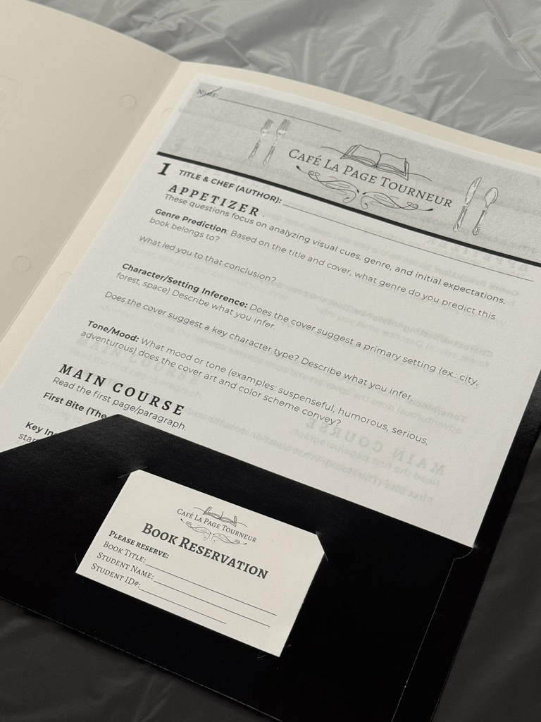 book tasting worksheet that resembles a restaurant menu