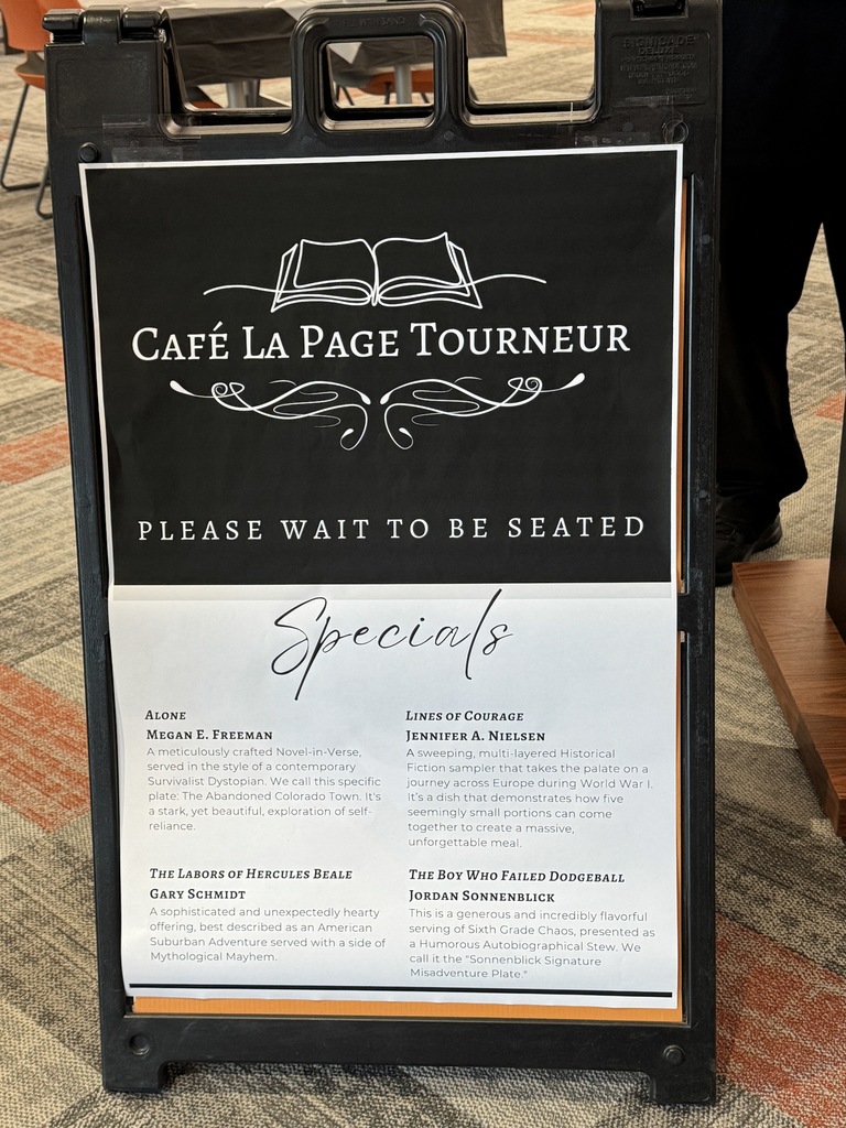 "specials" menu board for book tasting restaurant