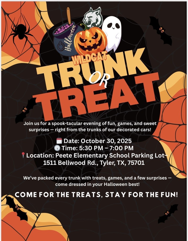 Join us for a spook-tacular evening of fun, games, and sweet surprises — right from the trunks of our decorated cars! 🗓 Date: October 30, 2025 🕠 Time: 5:30 PM – 7:00 PM 📍Location: Peete Elementary School Parking Lot– 1511 Bellwood Rd., Tyler, TX, 75701 We’ve packed every trunk with treats, games, and a few surprises — come dressed in your Halloween best! COME FOR THE TREATS, STAY FOR THE FUN!