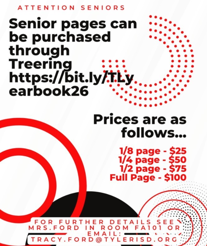 Order your 2025-2026 yearbook today!  If you order before October 31 you get 10% off!  Senior parents, it's not too early to purchase your senior ad for the yearbook!  Visit bit.ly/TLyearbook26 to create your account and buy your yearbook or ads today!