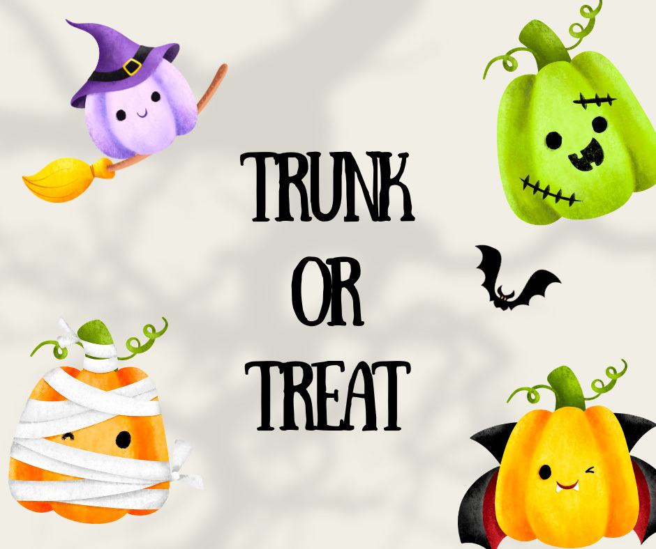 Trunk or Treat - pumpkins decorated like a witch on a broom, Frankenstein, a mummy, and Dracula