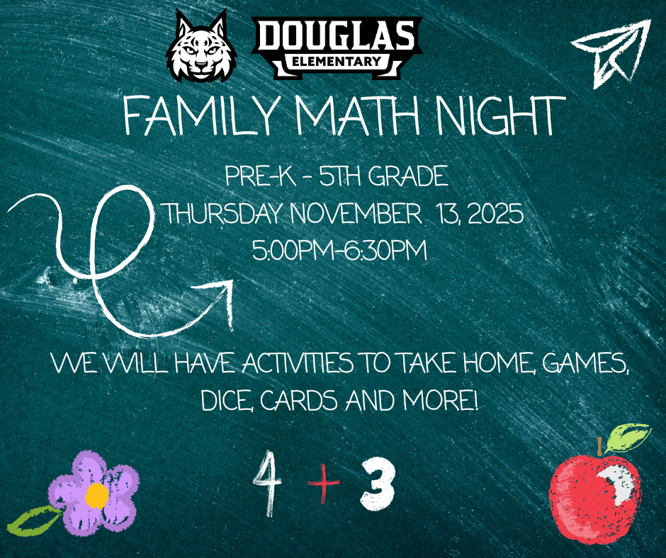 Family Math Night will be on Thursday November 13, 2025 from 5:00 p.m. to 6:30 p.m. We will have activities to take home, games , dice, cards, and more