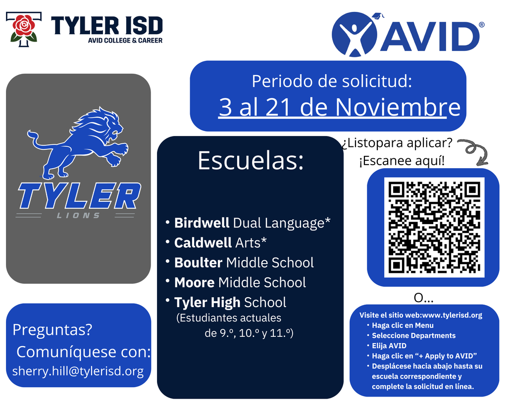 Application window for AVID at Tyler High School is from November 3rd through November 21st.
