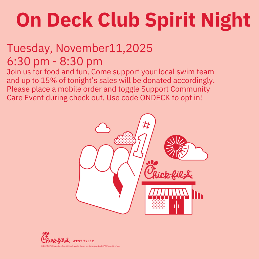On Deck Spirit Night Tues, Nov. 11 6:30-8:30pm, Support your local swim team and up to 15% of your purchase will be donated to them. Place a mobile order and use code ONDECK