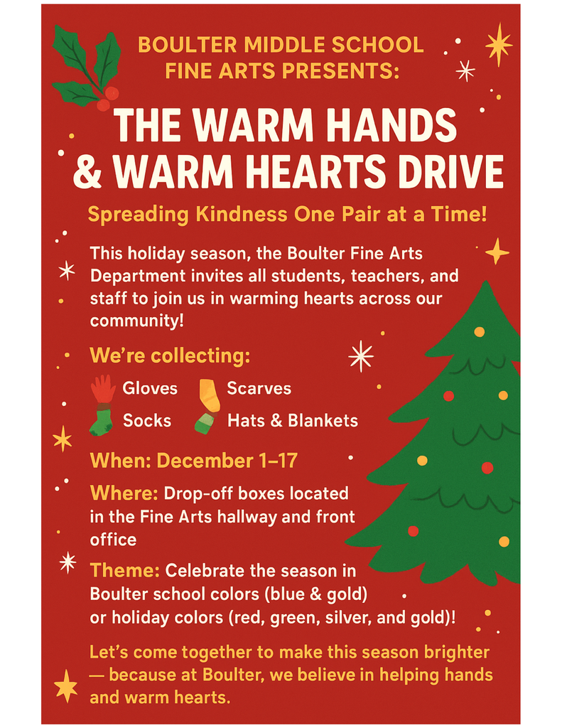 Warm Hands & Warm Hearts Drive. December 1st-17. Collecting gloves, hats, scarves, socks, and blankets.