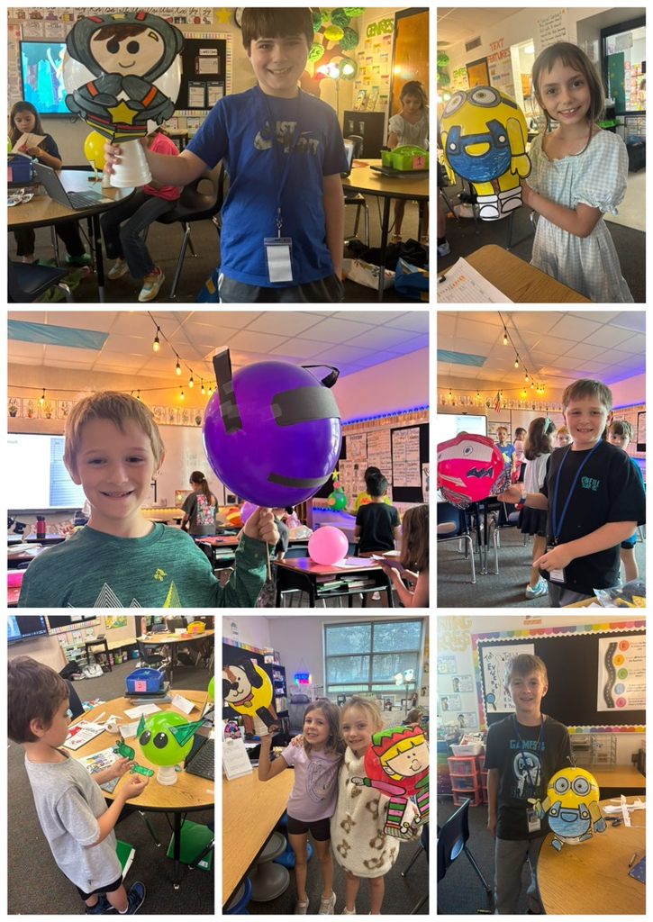students with their balloon characters that they made after reading Balloons over Broadway  