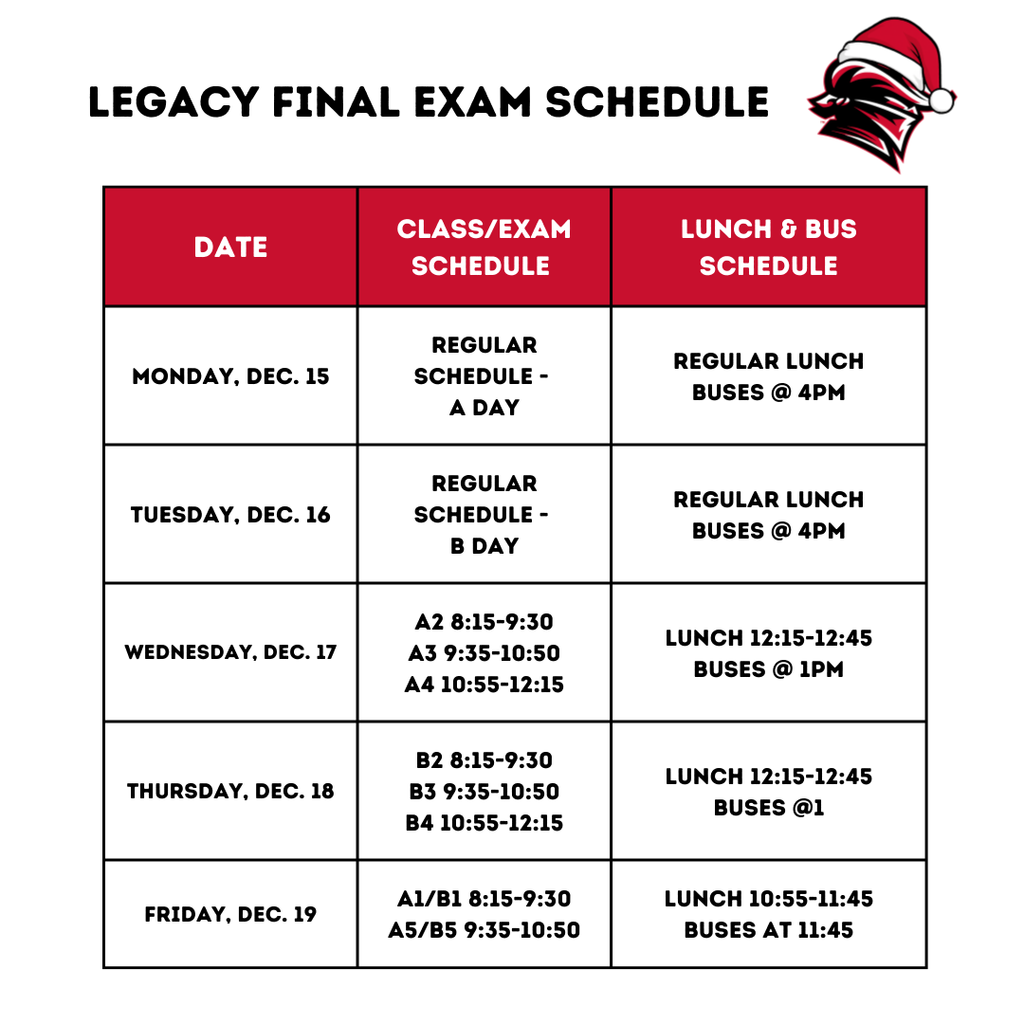 We are so close to the end of our 1st semester. Please note our adjusted final exam schedule for the week of December 17-19.