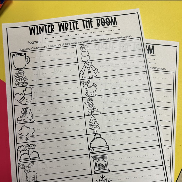 Winter write the room worksheet with winter pictures and handwriting lines
