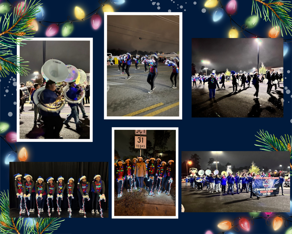 Band and pep squad marching in Christmas parade
