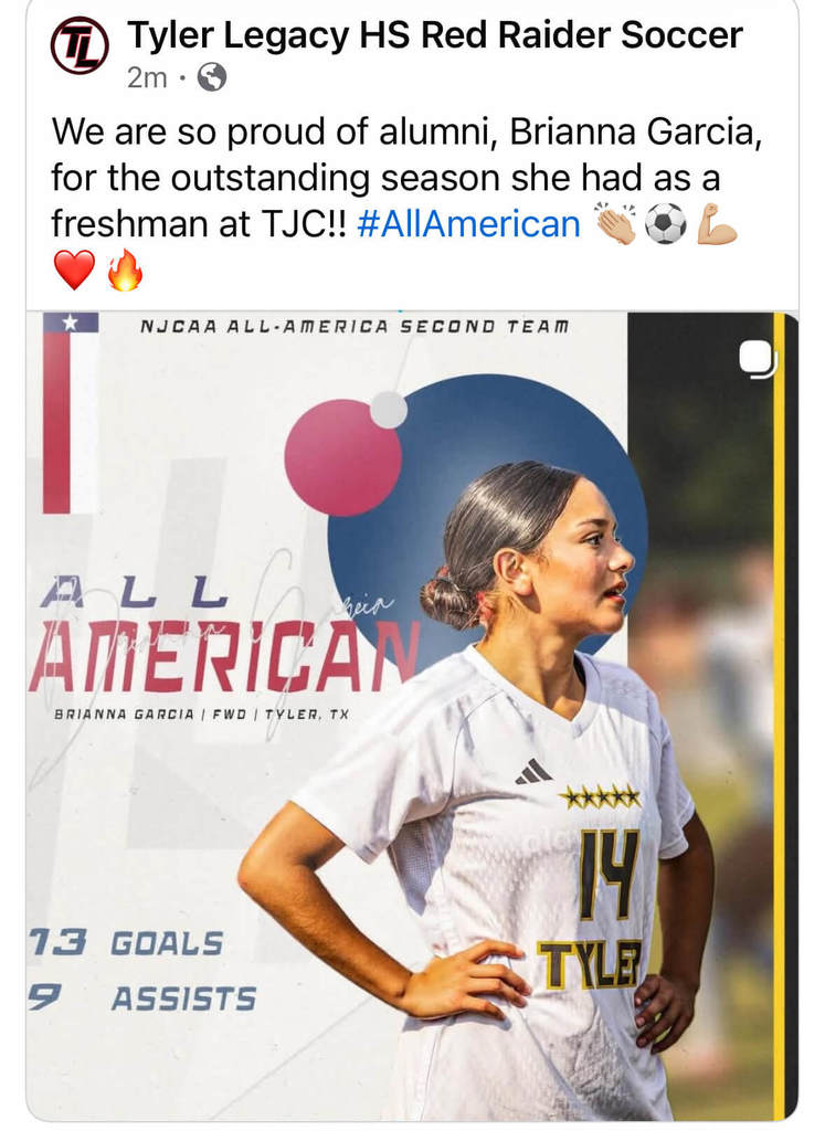 We are so proud of Tyler Legacy girls soccer alumni, Breanna Garcia for the outstanding seasons she's had at TJC
