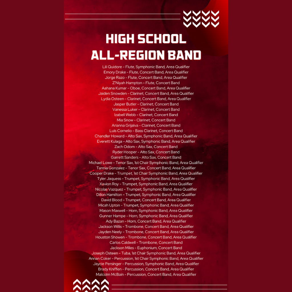 Huge congratulations to our All-Region Band musicians. We are proud to recognize 16 students selected for the Freshman All-Region Band and 40 students who earned spots in the High School All-Region Band. Additionally, 32 students have advanced to Area and will compete in January for the opportunity to be named to the All-State Band. Outstanding work and well deserved!