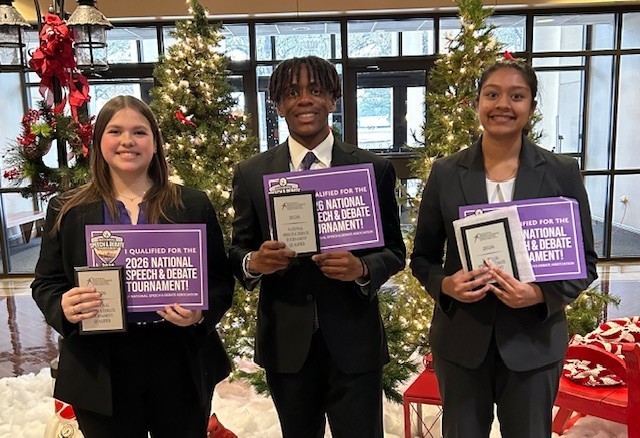 Congratulations to the Tyler Legacy Debate Team! On Tuesday, they traveled to Pittsburg to compete in the NSDA District Congressional Debate Meet and THREE of them qualified to Nationals in the House of Representatives: Kenadi Carmichael, Debate Team Captain Sanaa Salvi And getting ranked first by all three of his judges in finals, Myron Sinville Nationals will take place in Richmond, Virginia in June. Ronin Back also advanced to finals and is an alternate in the Senate. All those Legacy students competing did a great job and made their coach proud! P.S. Kenadi & Myron will also be representing TLHS at the UIL State Congressional Debate meet on Jan. 6. Go Raiders!