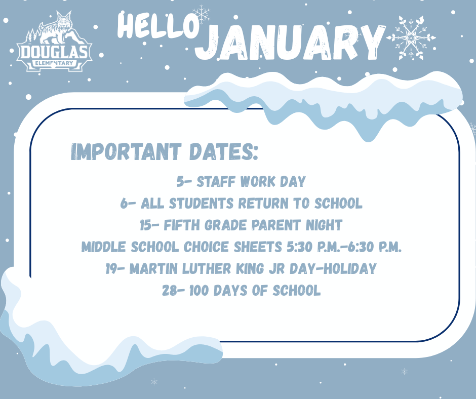 Important dates for January 5th Staff work day 6 All students return to school 15 Fifth grade Parent night begins at 5:30 p.m. 19 Holiday 28 100 Days of School  For any further information please call the office at 9032622100