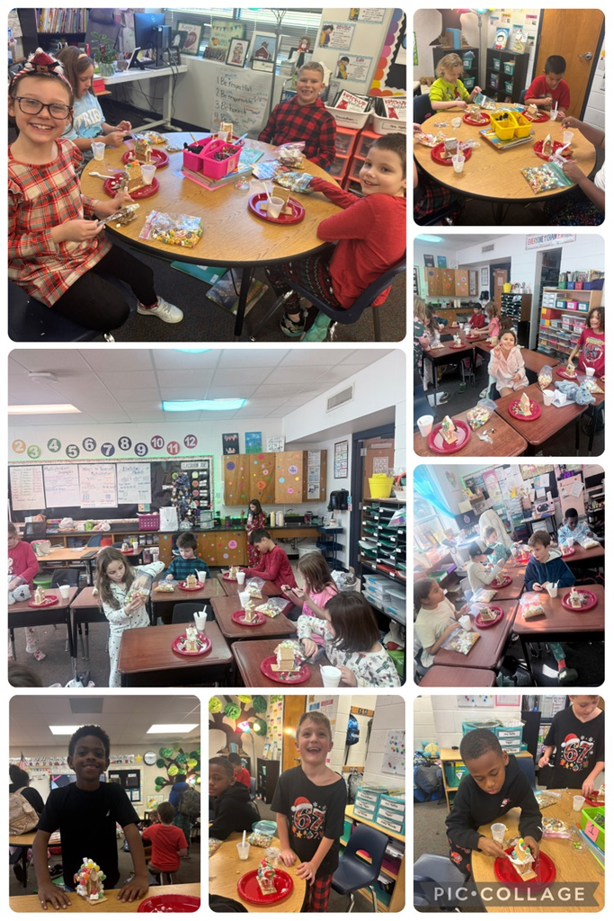 Third grade students at their desk decorating gingerbread houses.